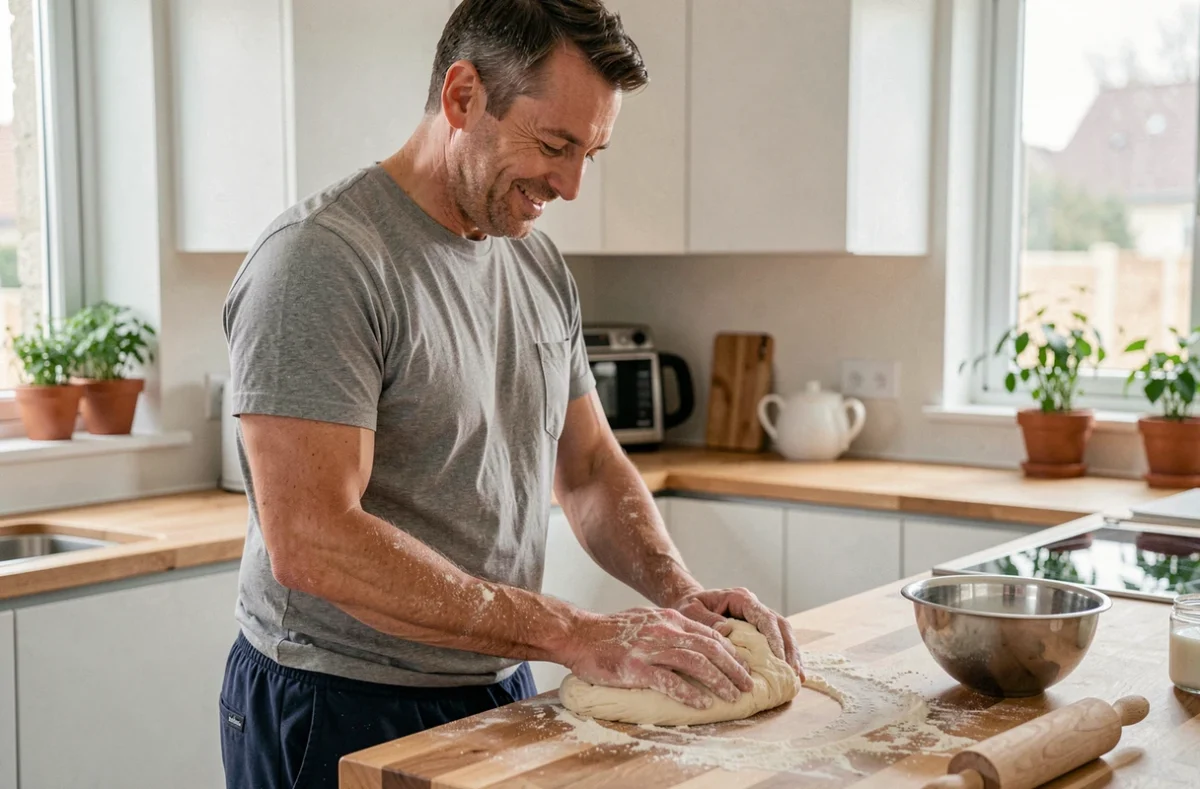 Homme préparant de la pâte à pain dans sa cuisine, farine sur les bras, activité culinaire à la maison pour occuper son temps