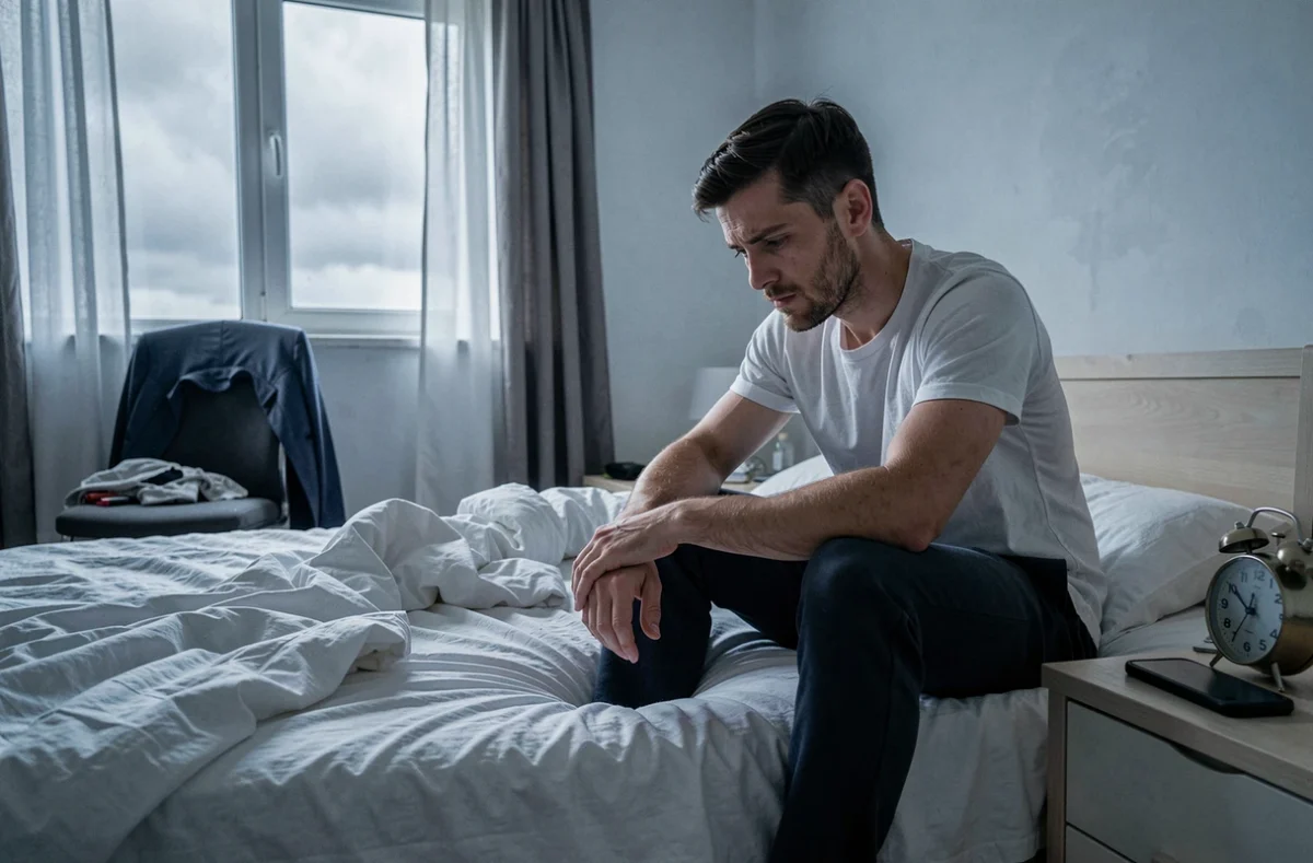 Homme assis seul sur un lit défait en milieu d'après-midi, regard perdu dans le vide, symbole du manque de motivation et de l'inertie quotidienne