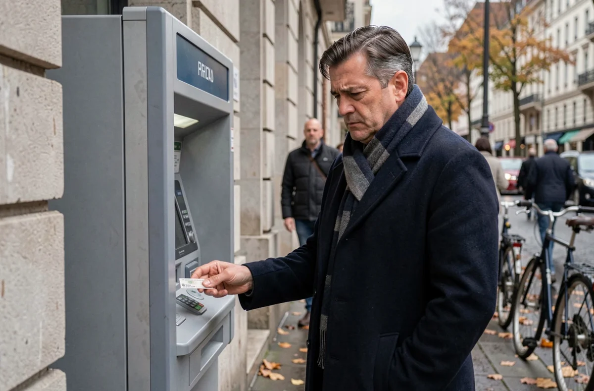 Homme hésitant devant un distributeur automatique en ville, symbolisant la relation émotionnelle et ambivalente à l'argent