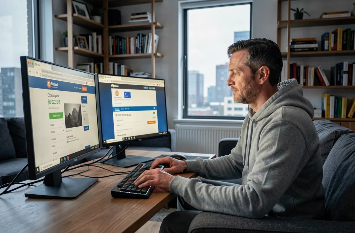 Homme vérifiant l'état de son VPN sur un double écran dans un salon moderne avec vue urbaine