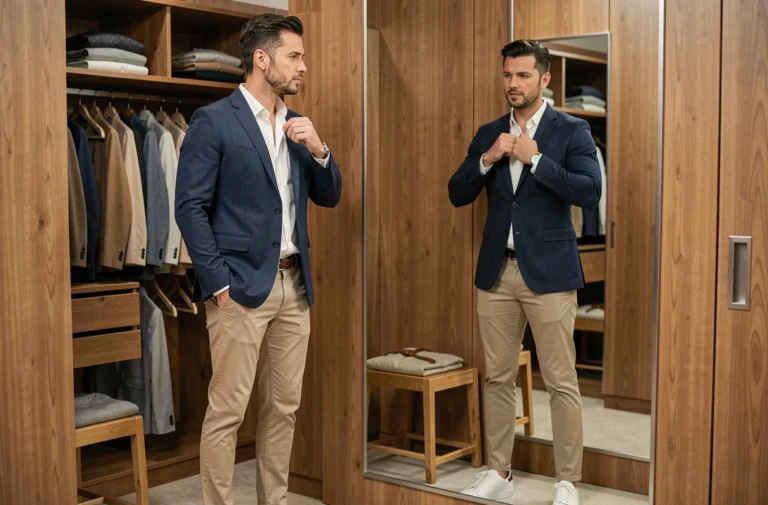 Homme élégant en blazer marine ajusté se regardant dans un miroir de dressing, style vestimentaire soigné et moderne