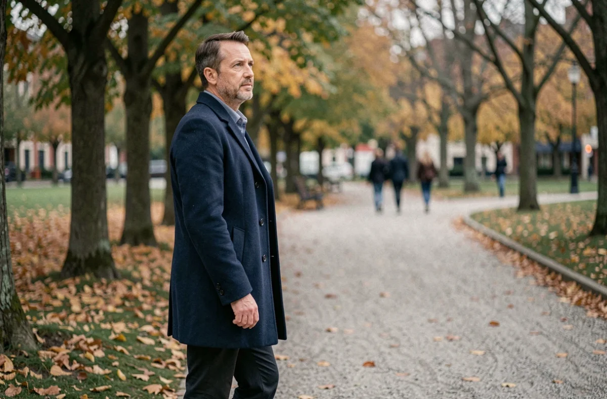 Homme pensif en manteau bleu marine dans un parc urbain en automne, regard intuitif et introspectif
