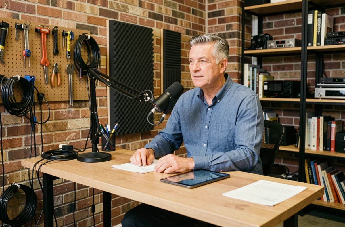 Homme enregistrant un podcast depuis son studio maison aménagé dans un garage converti