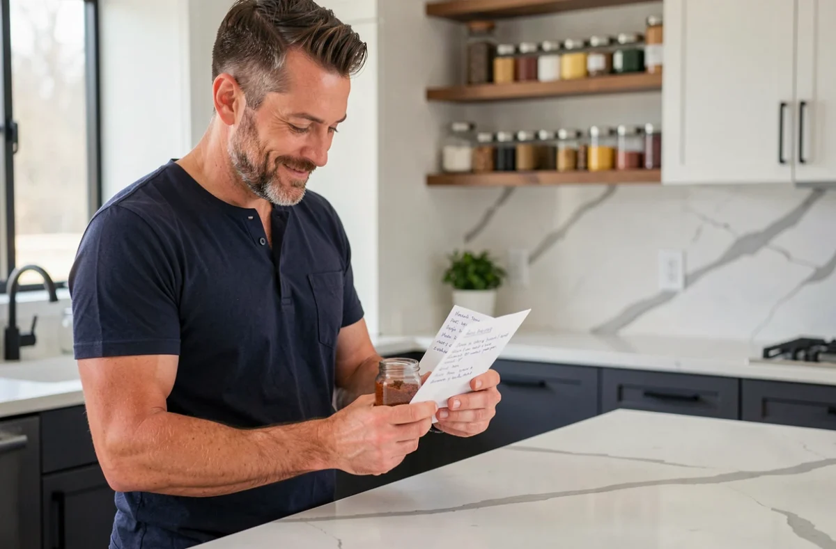 Homme consultant une fiche de recette tout en tenant un bocal d'épices dans une cuisine moderne et contemporaine