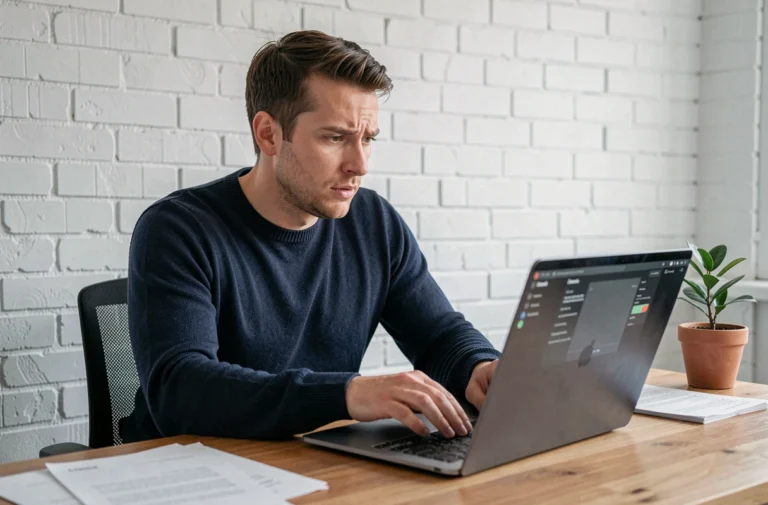 Homme vérifiant sa connexion VPN sur son ordinateur portable dans un bureau à domicile minimaliste