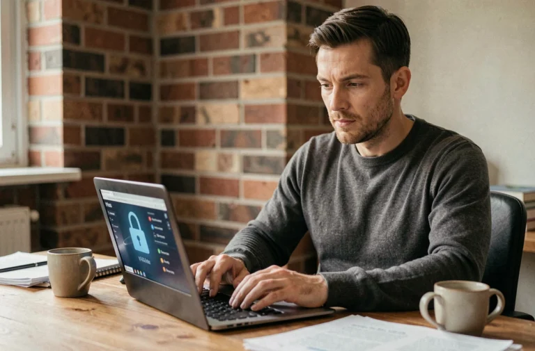 Homme utilisant un VPN sur son ordinateur portable dans un bureau à domicile