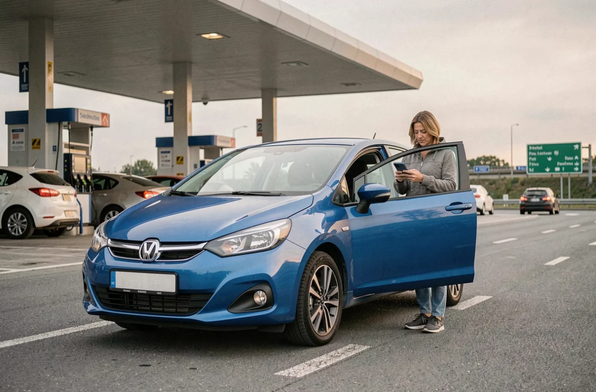 Femme avec une voiture hybride bleue à une aire de repos d'autoroute consultant son téléphone