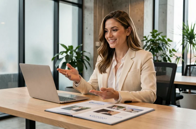 Femme influenceuse présentant son kit média à un partenaire de marque dans un espace de coworking moderne
