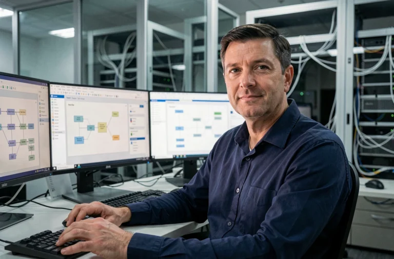 Ingénieur réseau analysant un tableau de bord de migration de données sur plusieurs écrans dans un bureau informatique moderne
