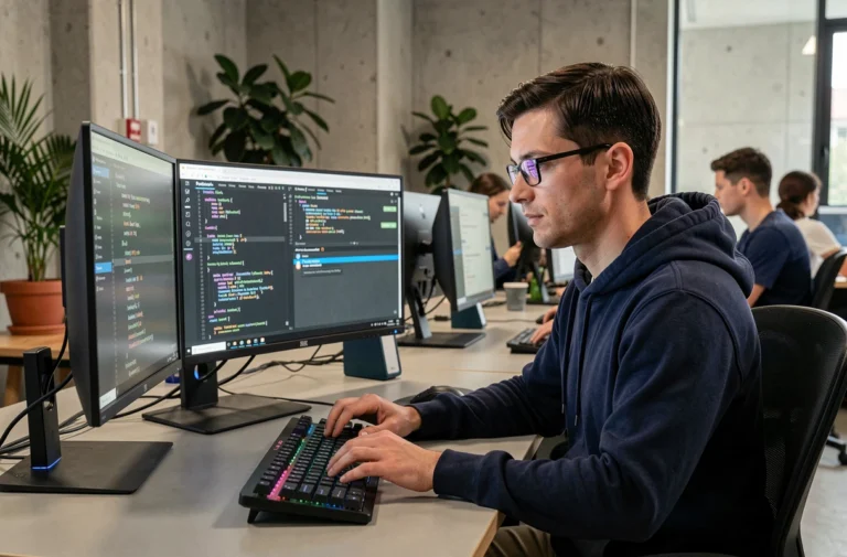 Ingénieur informatique travaillant sur le support d'un modèle de langage LLM dans un bureau tech moderne avec plusieurs écrans affichant du code et des interfaces d'IA
