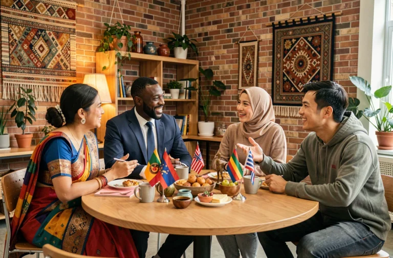Groupe multiculturel d'adultes échangeant autour d'une table lors d'une rencontre interculturelle dans un centre communautaire
