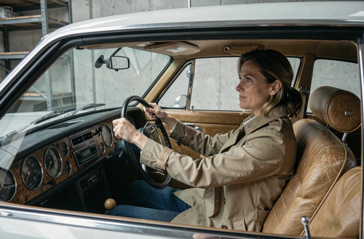 Intérieur authentique d'une voiture de collection britannique des années 60 avec tableau de bord en bois et sièges en cuir patiné