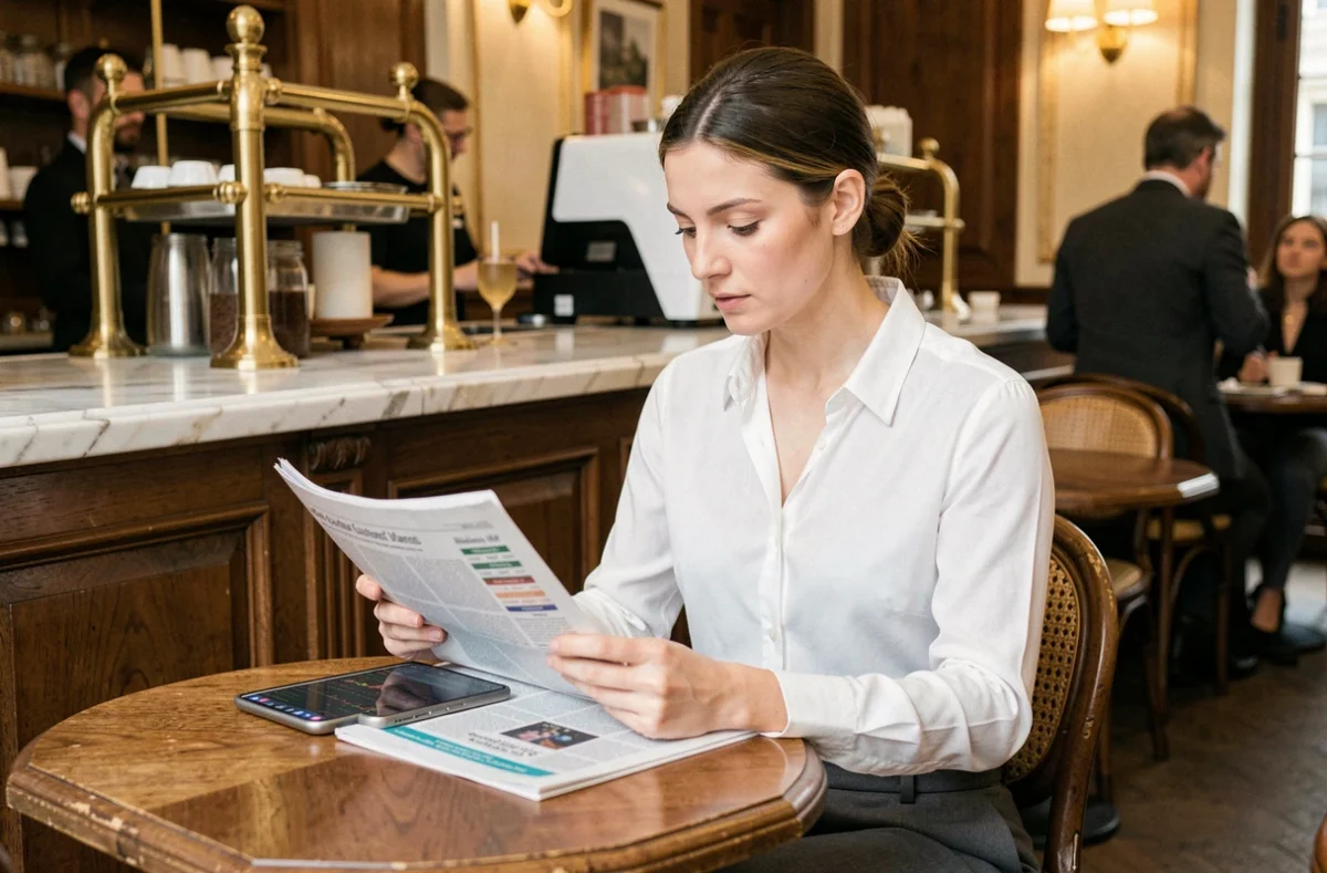 Femme consultant des données boursières et un journal financier dans une brasserie parisienne