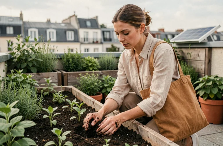 Femme plantant des légumes dans un jardin urbain sur un toit terrasse, illustrant le développement durable en ville