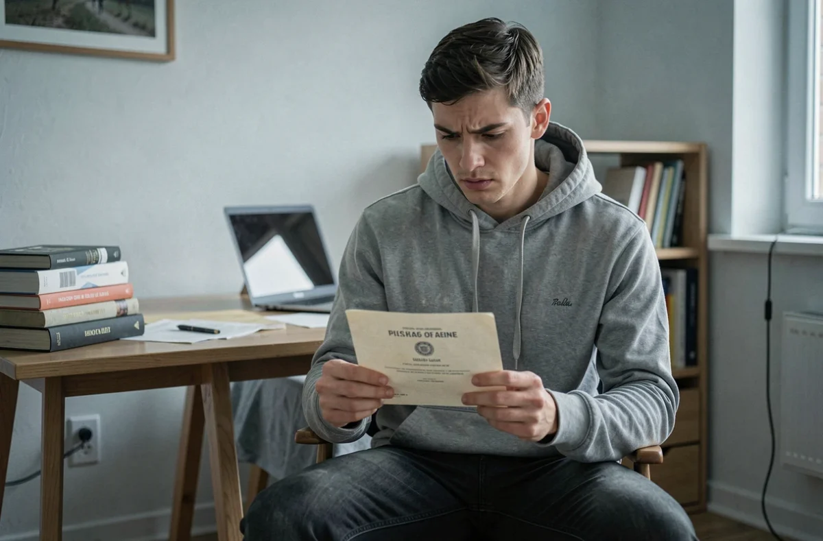 Jeune adulte tenant une lettre de créancier dans son appartement, confronté à ses dettes personnelles