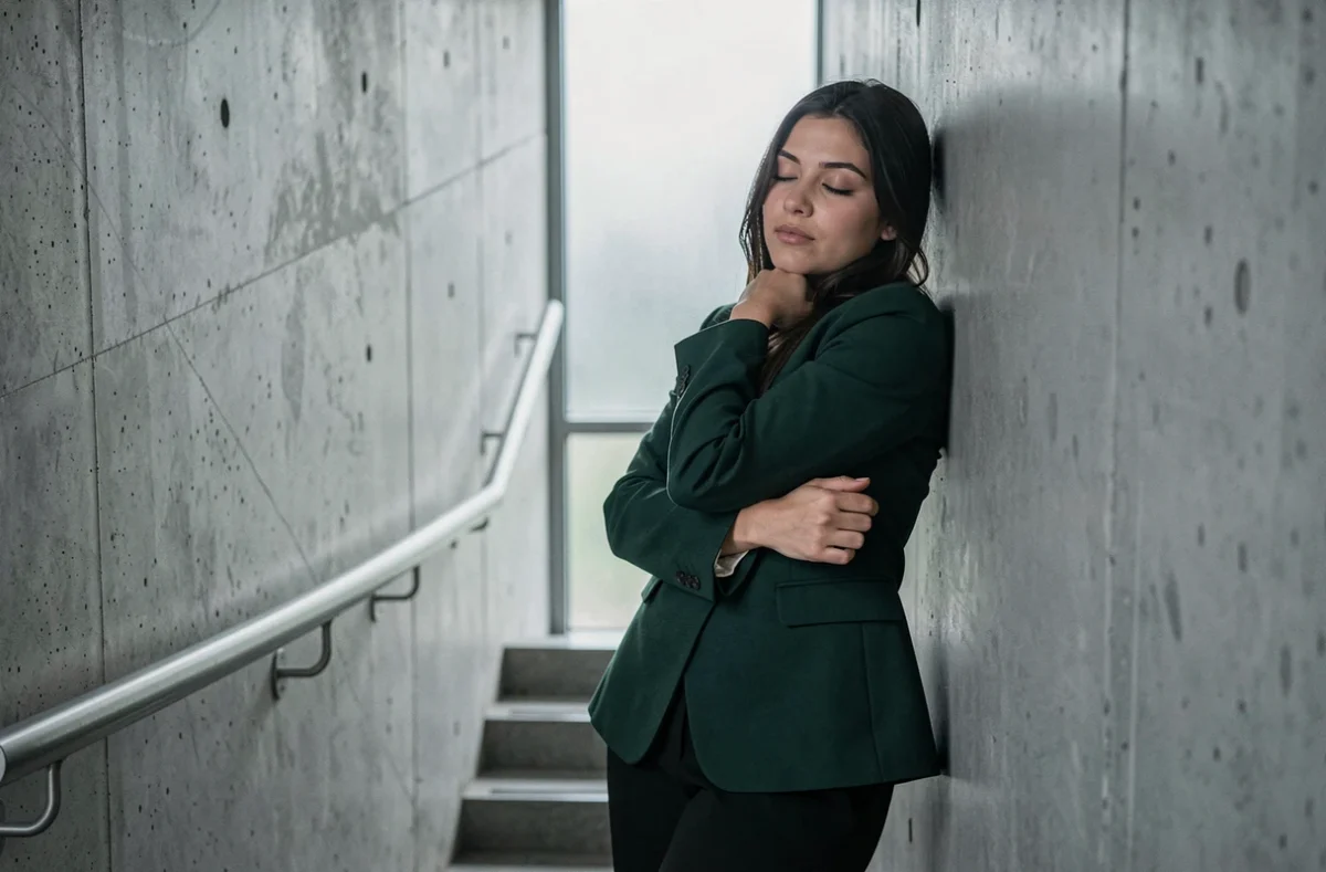 Jeune femme en détresse dans une cage d'escalier de bureau, signe d'épuisement professionnel