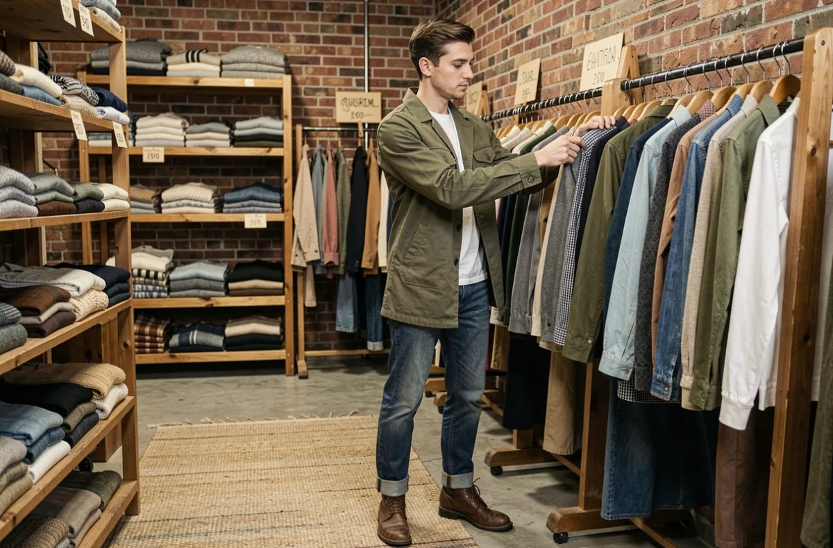 Jeune homme stylé chinant dans une boutique vintage, look casual chic avec chore coat olive et denim brut