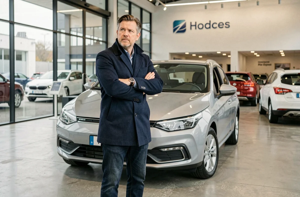 Journaliste automobile devant la voiture la plus vendue en Europe dans une concession moderne