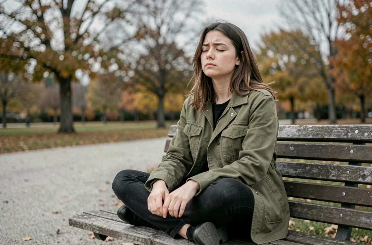 Jeune femme assise sur un banc de parc en automne, regard dans le vide, illustrant la lassitude et l'envie de ne rien faire