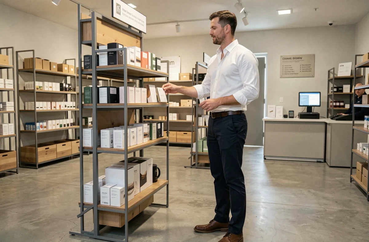 Commerçant organisant des produits dans un magasin spécialisé rentable avec un agencement moderne et professionnel