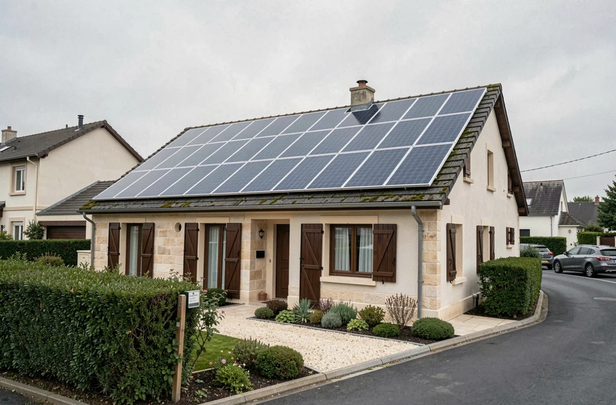 Maison individuelle française équipée de panneaux photovoltaïques couvrant entièrement la toiture en milieu urbain