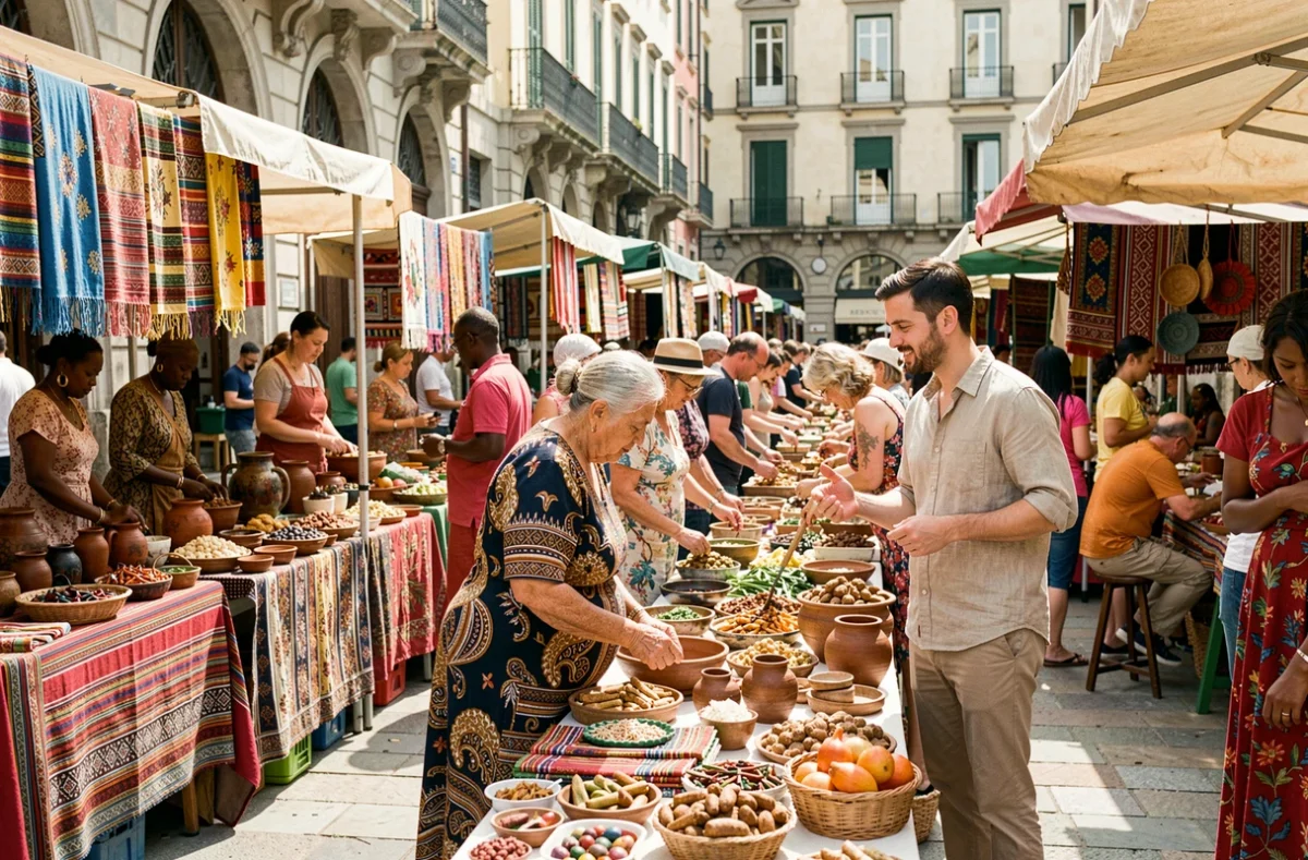 Marché culturel en plein air animé avec des personnes de différentes origines ethniques découvrant des artisanats traditionnels, représentant la richesse de la diversité culturelle