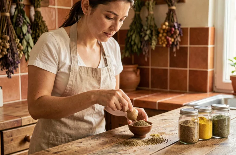 Femme mesurant des épices dans une cuillère en céramique sur un comptoir en bois rustique dans une cuisine chaleureuse