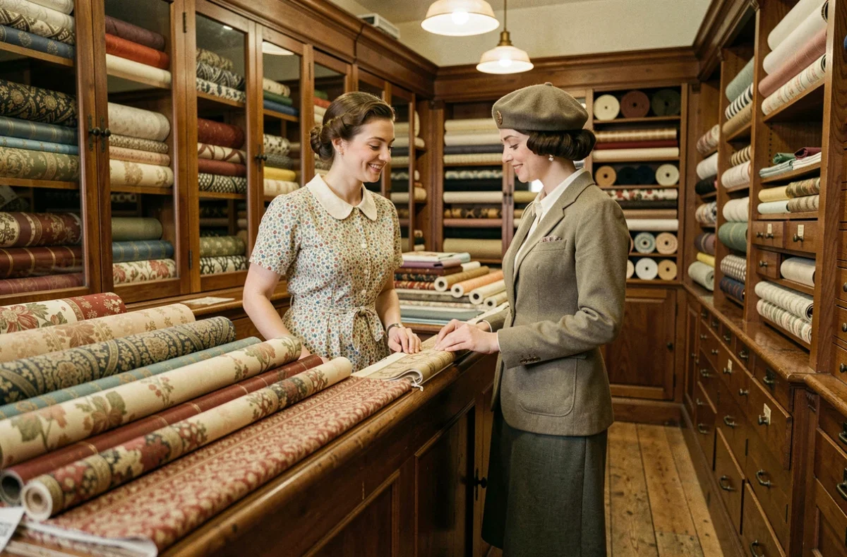 Deux femmes vêtues de tenues quotidiennes authentiques des années 1930 dans une mercerie ancienne, illustrant les styles de mode féminine de l'entre-deux-guerres