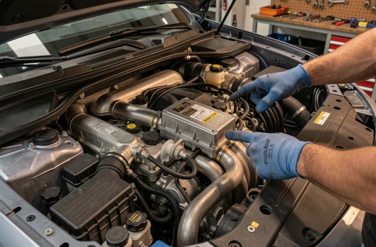Mécanicien inspectant le système de dépollution Euro 6 sur un moteur diesel moderne dans un atelier automobile