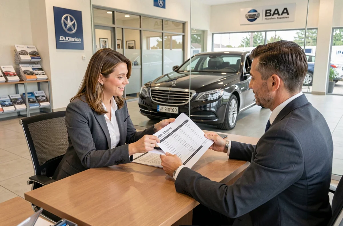Conseillère commerciale et dirigeant d'entreprise examinant une grille tarifaire de remise pour un véhicule de direction dans une concession automobile