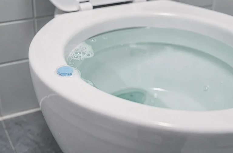 Intérieur d'une cuvette de toilettes propre avec un nettoyant bleu dissous sur le rebord en porcelaine blanche