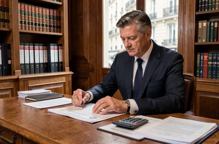 Notaire français examinant des documents de SCI et un acte de propriété dans son étude pour optimiser la fiscalité immobilière