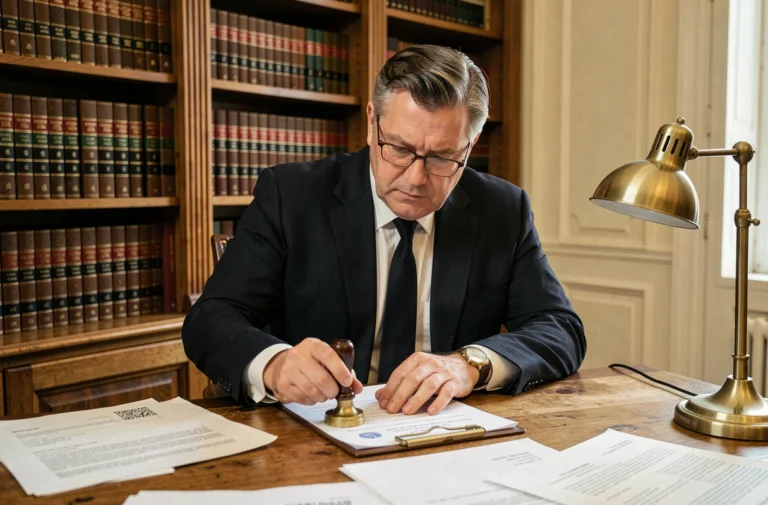 Notaire tampon un acte de mainlevée d'hypothèque dans son bureau juridique officiel