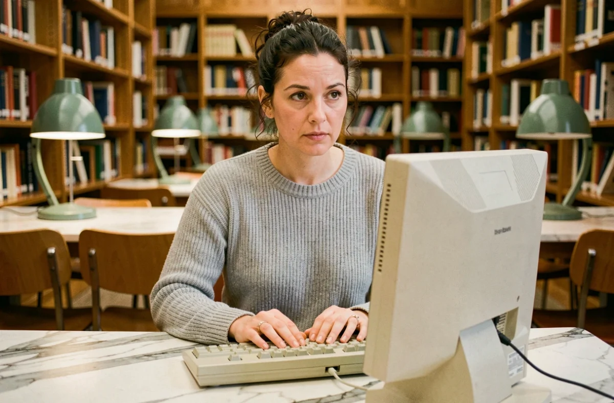 Femme utilisant un ordinateur de bureau classique dans une bibliothèque universitaire vintage