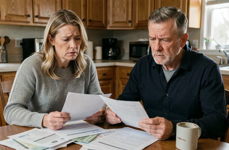 Parents inquiets examinant des factures et dettes à la table de cuisine au nom de leur enfant majeur
