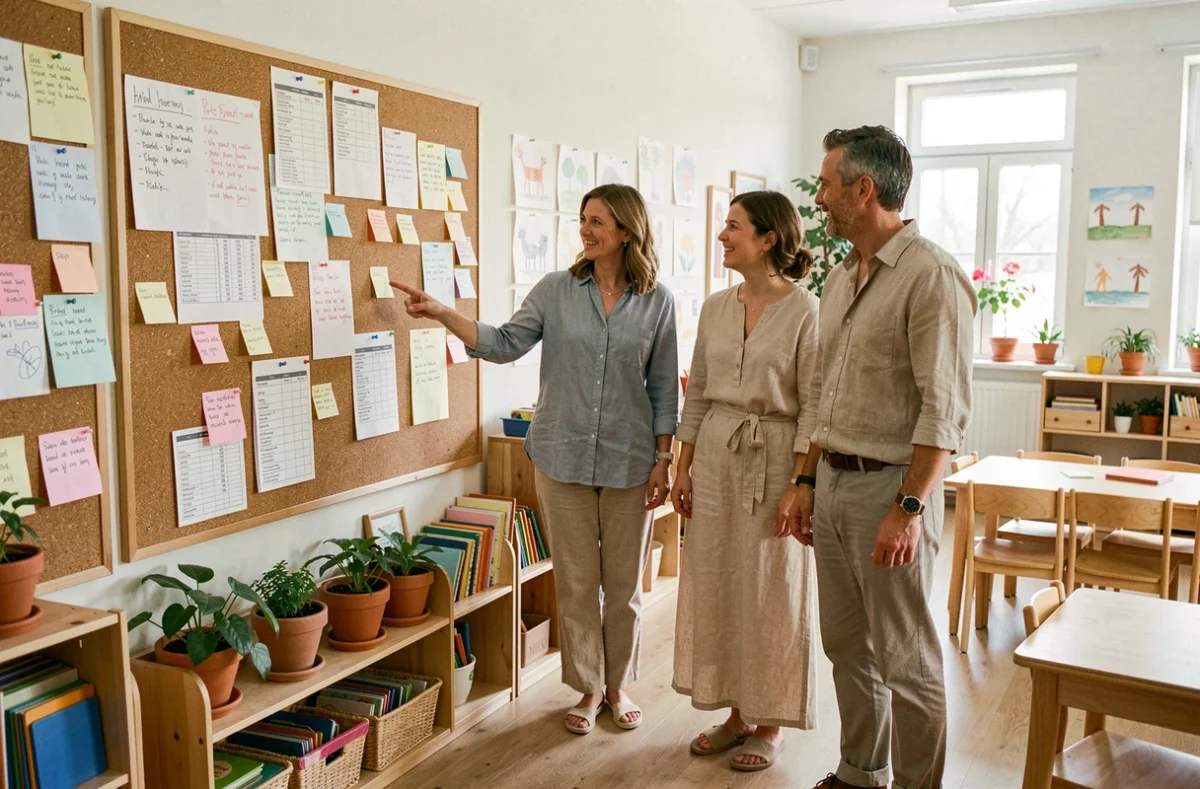Groupe de parents planifiant le financement participatif d'une école Montessori dans une salle de classe
