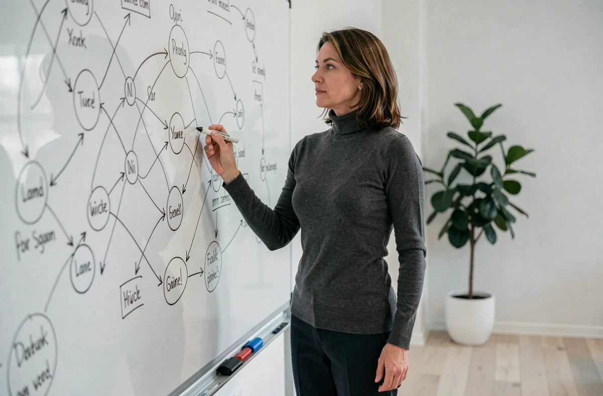 Femme professionnelle devant un tableau blanc avec des boucles de rétroaction illustrant la pensée systémique