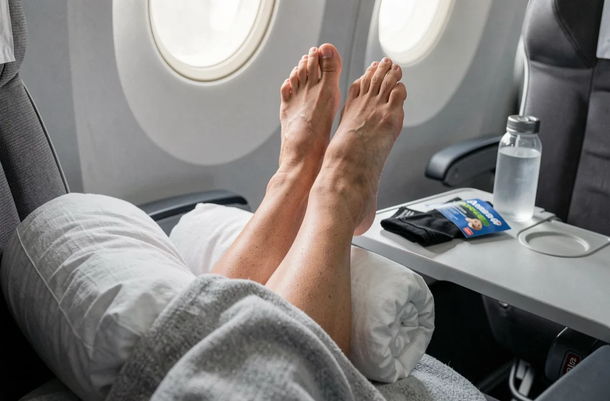 Pieds gonflés surélevés sur un oreiller dans un avion pour favoriser la circulation sanguine pendant un long voyage