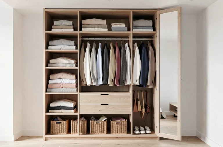 Placard intégré bien organisé avec étagères en bois, vêtements rangés et paniers en osier dans une chambre moderne