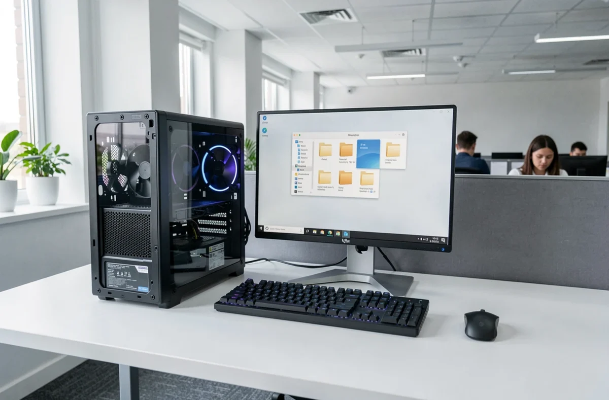 Poste de travail complet avec ordinateur classique tour dans un bureau professionnel minimaliste