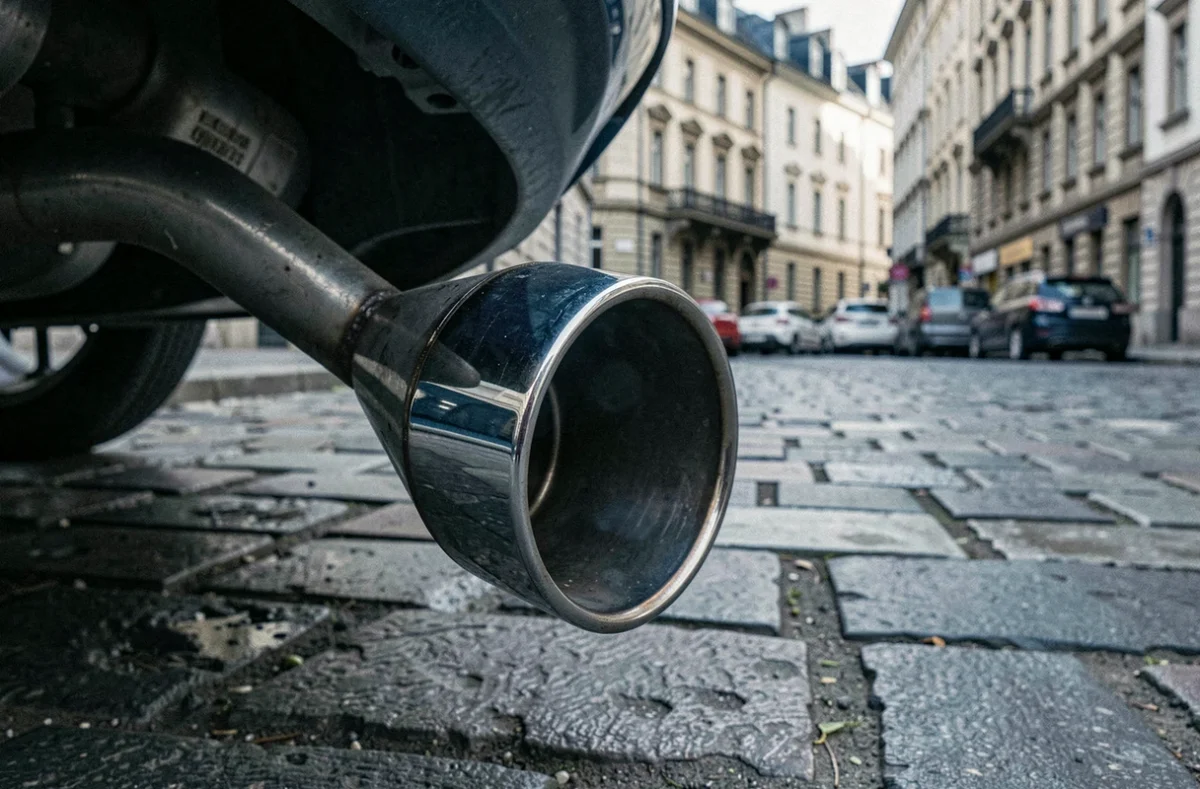 Pot d'échappement propre d'un véhicule conforme aux normes Euro 6 dans une rue urbaine européenne
