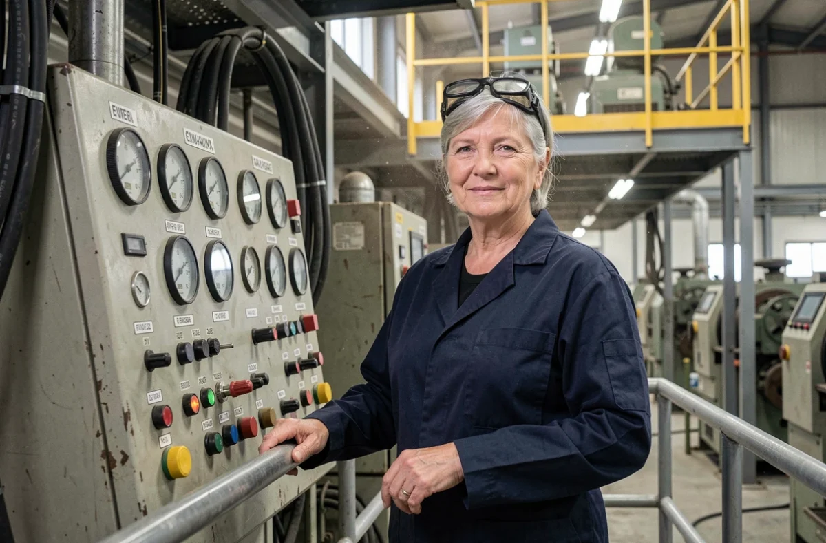 Femme ingénieure d'une cinquantaine d'années dans une usine industrielle, illustrant les préjugés de genre dans les métiers techniques