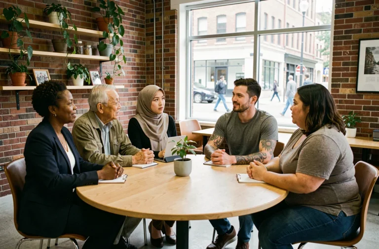 Groupe de personnes diverses autour d'une table discutant des préjugés sociaux dans un centre communautaire moderne