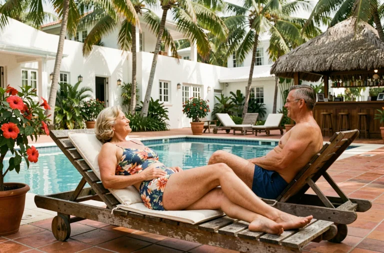 Couple en maillot de bain vintage se relaxant au bord d'une piscine dans un resort tout compris des années 1950 aux Caraïbes