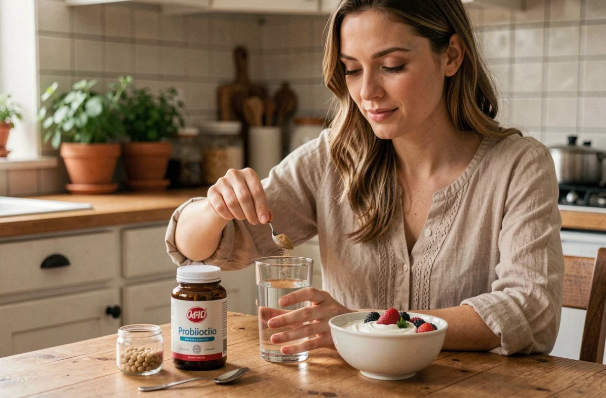 Femme préparant une boisson probiotique dans sa cuisine avec des compléments alimentaires naturels