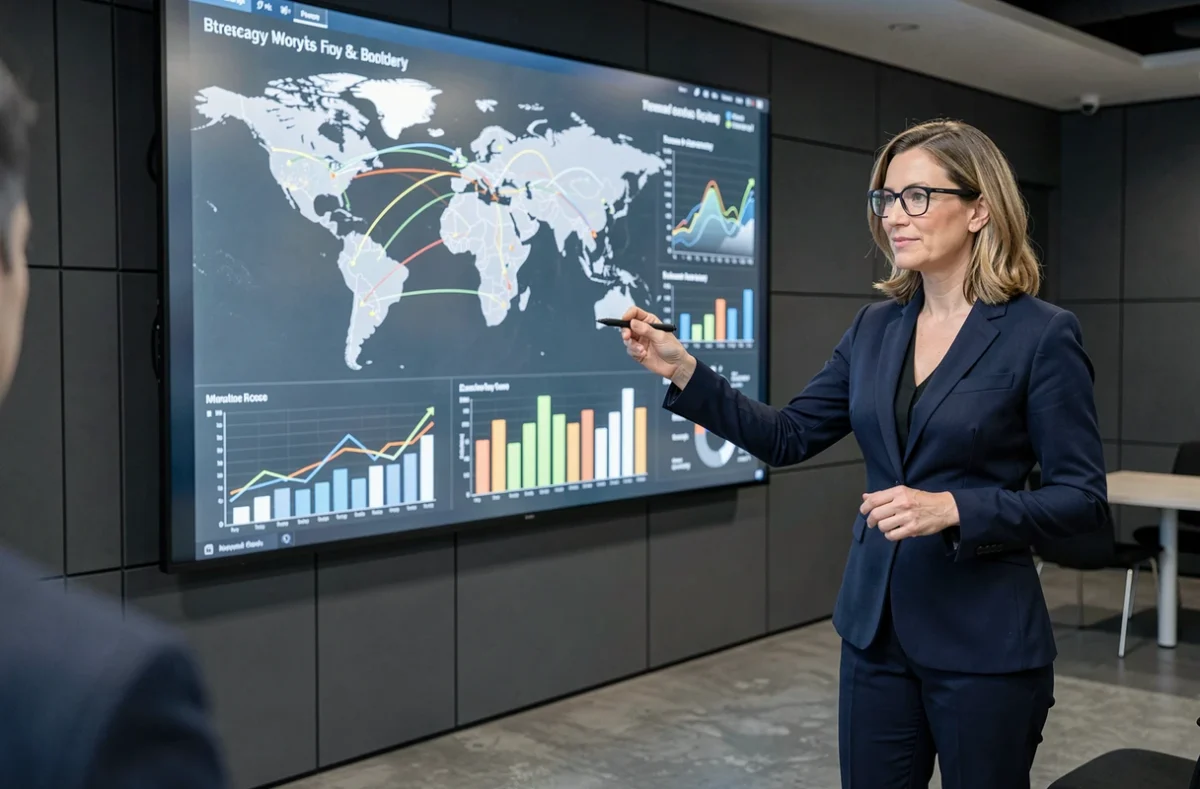 Femme cadre présentant des stratégies mondiales devant un écran interactif avec cartes de commerce international