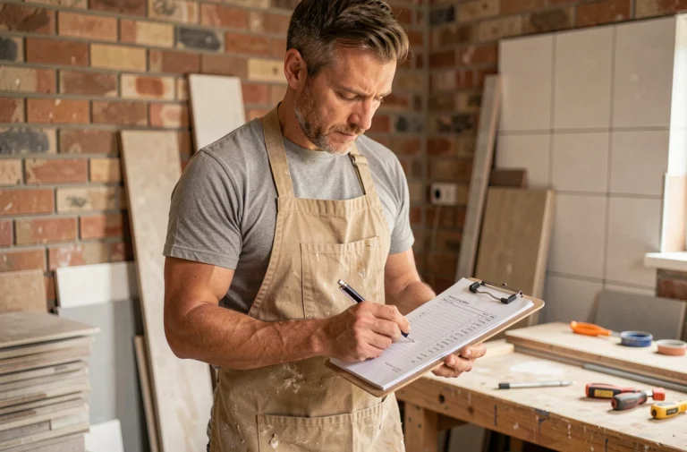Artisan plombier-carreleur examinant une facture manuscrite sur un chantier de rénovation de cuisine, illustrant le coût horaire d'un artisan
