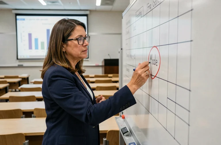 Professeure de statistiques expliquant le mode mathématique au tableau blanc dans une salle de classe