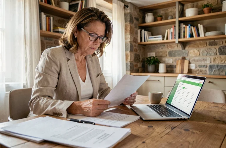 Propriétaire femme consultant des documents administratifs sur les nouvelles réglementations immobilières 2026