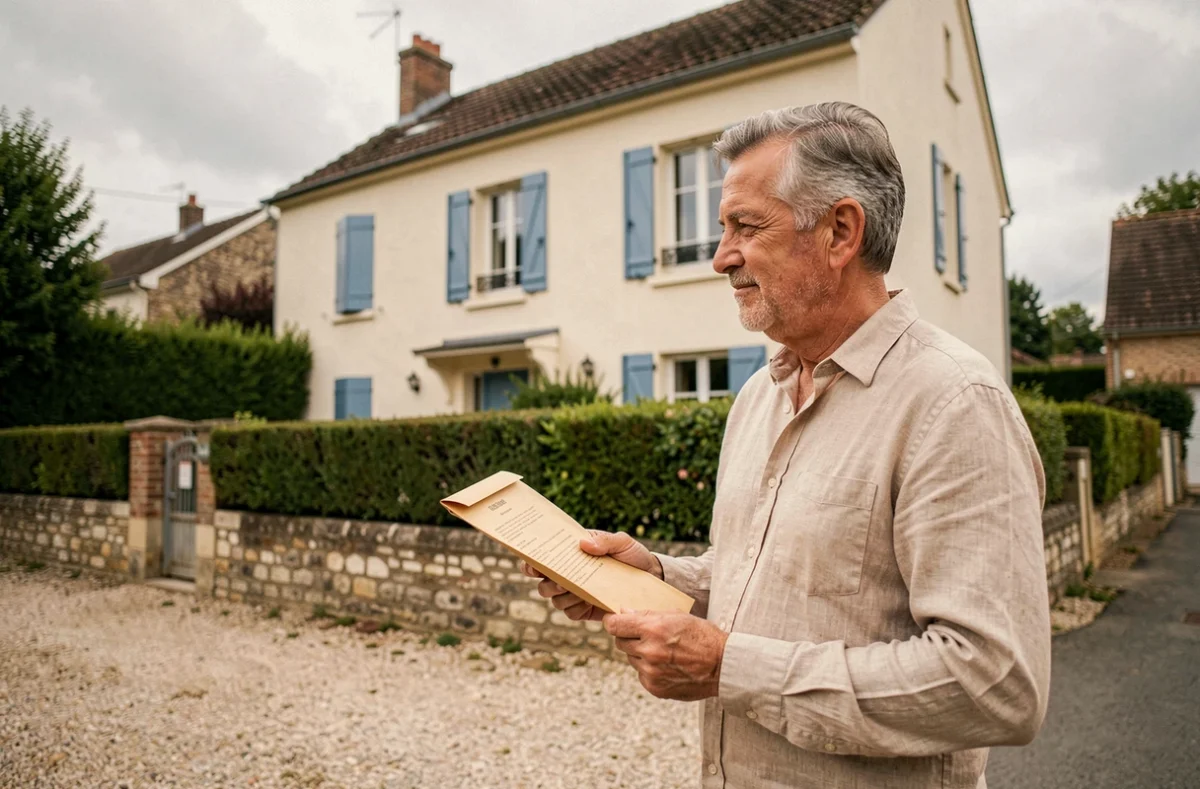 Propriétaire devant sa maison tenant les documents officiels de mainlevée d'hypothèque